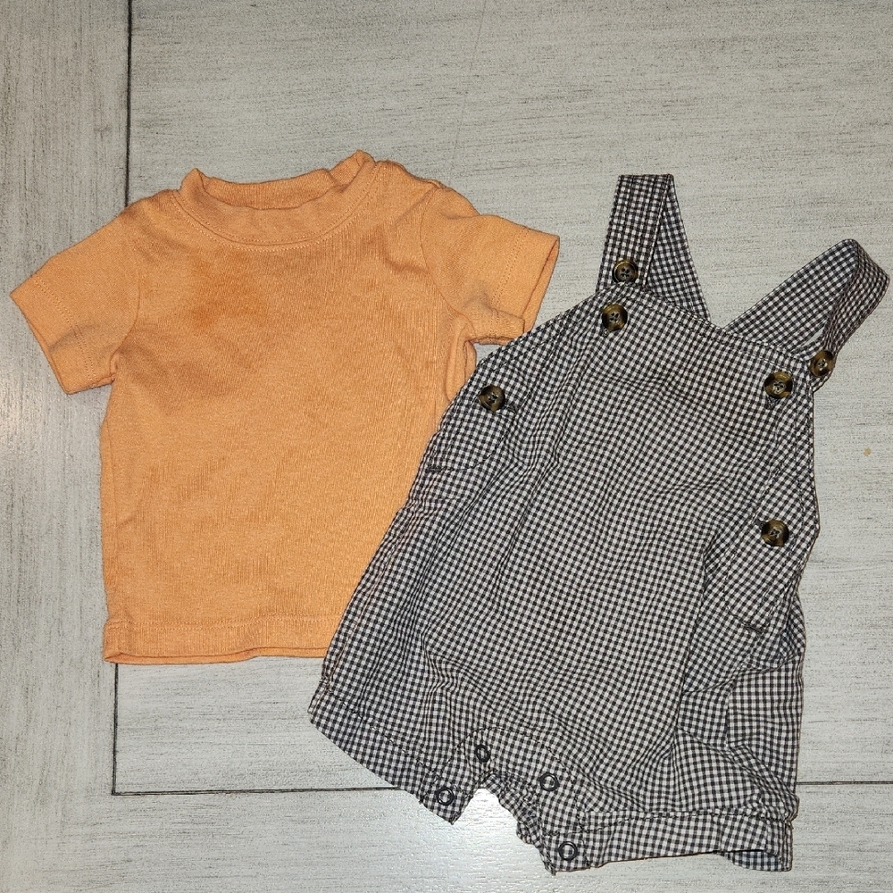 Carter's Orange T-Shirt and Black Checkered Overalls Set - 3 months
